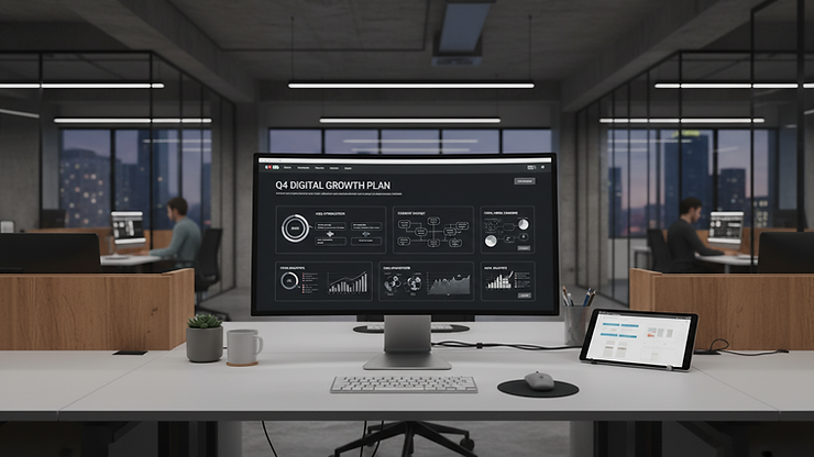 Eye-level view of a modern office workspace with digital marketing strategy on screen